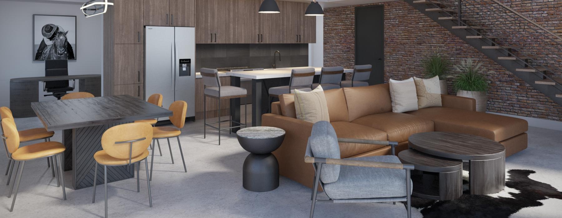 a room with a couch and chairs