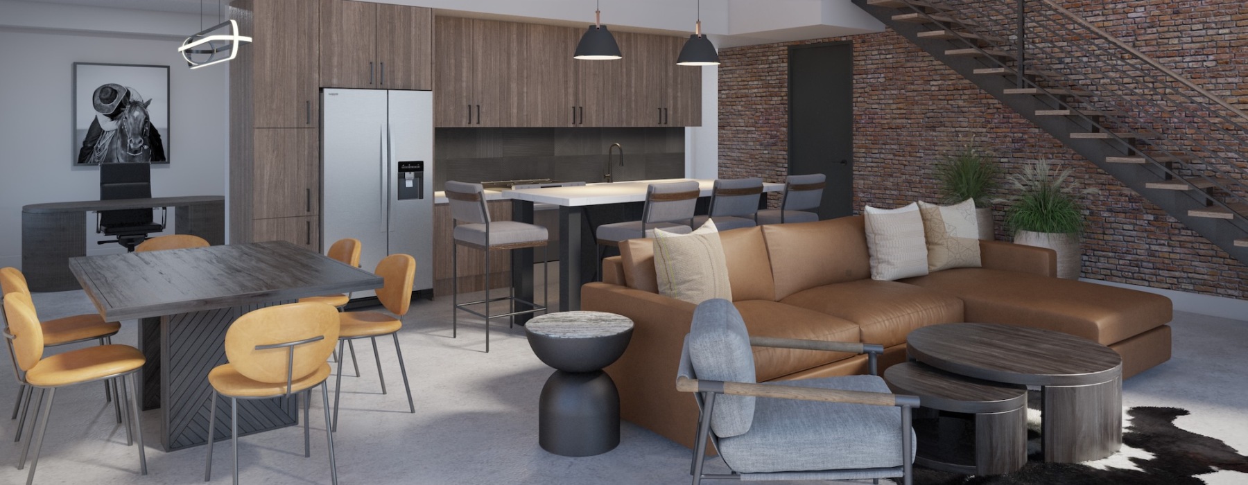 a room with a couch and chairs
