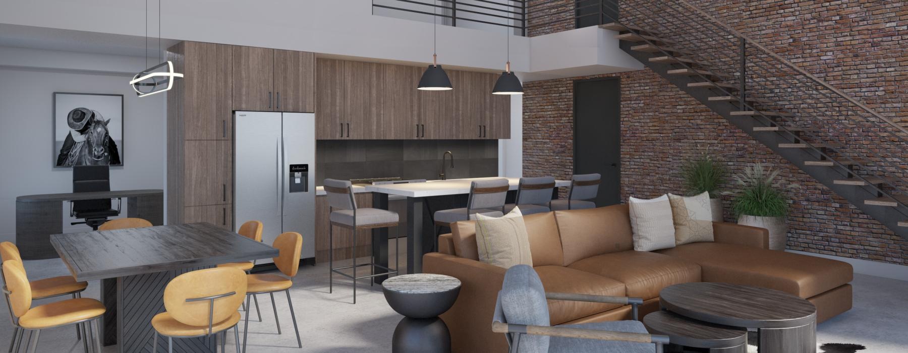 a room with a couch and chairs