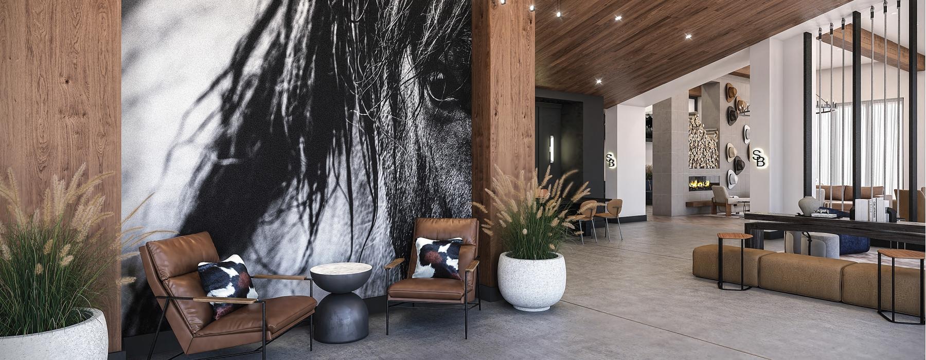 a spacious room with a large painting of a horse