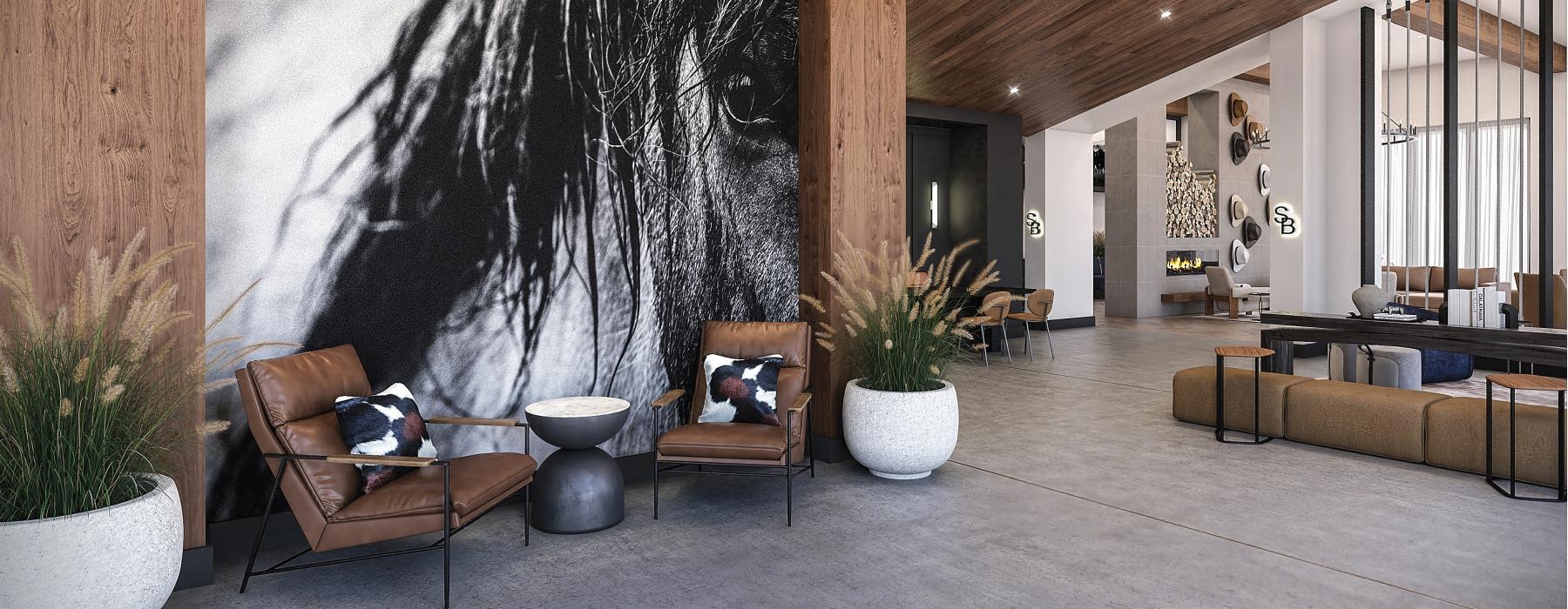 a spacious room with a large painting of a horse