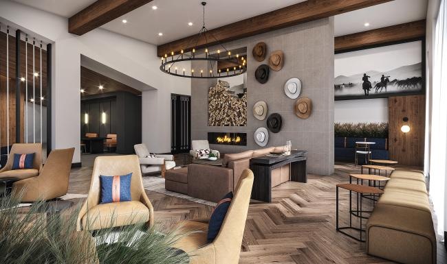 a living room with a chandelier and lounge seating