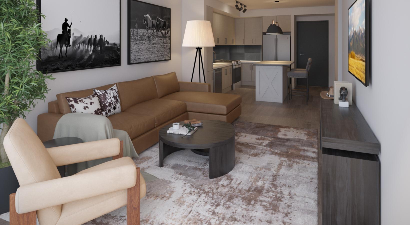 a living room with a couch and a coffee table