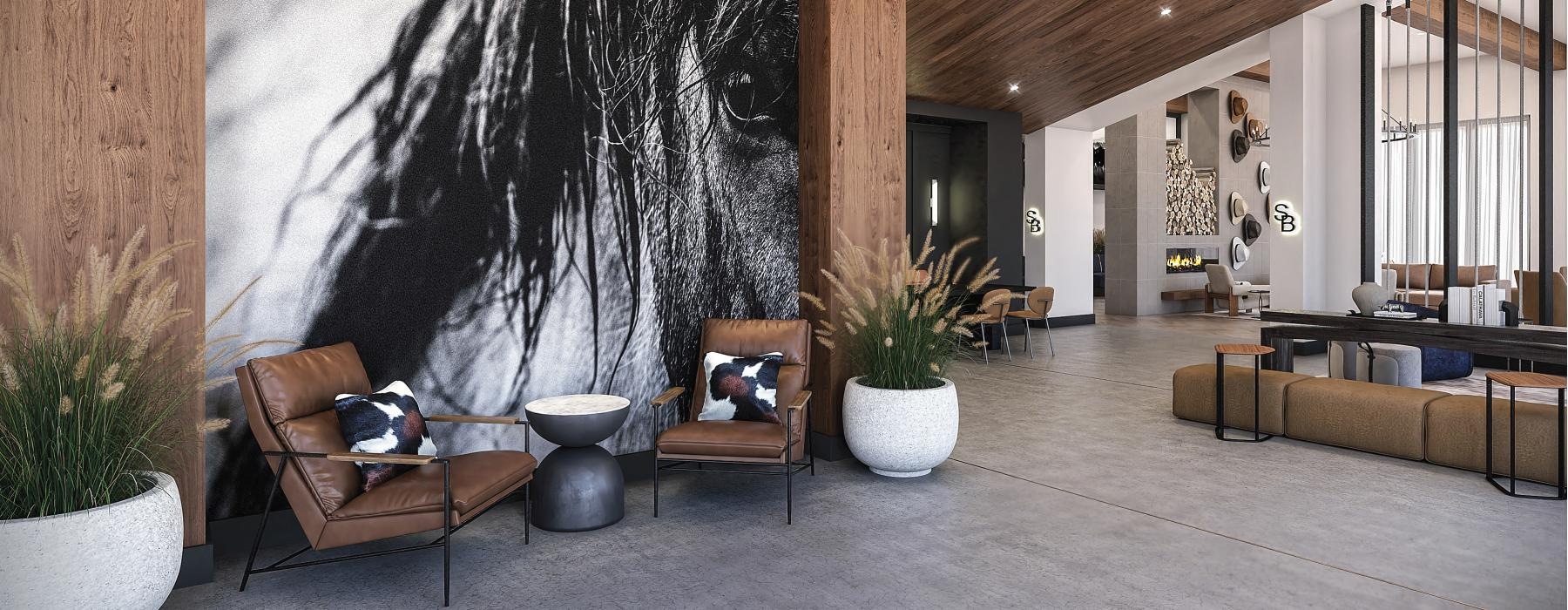 a spacious room with a large painting of a horse